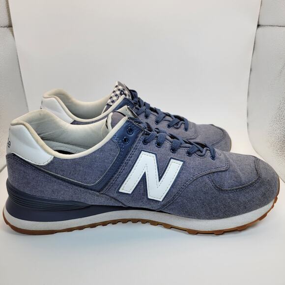 New Balance 574 Sneakers Womens 10.5 Blue Chambray Plaid Lace Up Casual Shoes - Picture 3 of 13